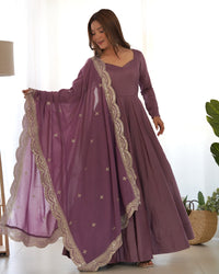 Thumbnail for Lorenvalley Fashion Mauve Pure Roman Silk Chanderi Fabric Fully Flared Anarkali Pant With Dupatta Set - Mauve