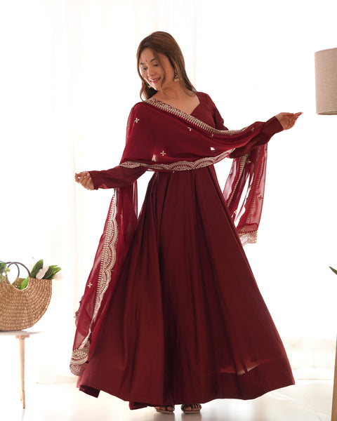 Lorenvalley Fashion Maroon Pure Roman Silk Chanderi Fabric Fully Flared Anarkali Pant With Dupatta Set - Maroon - Distacart