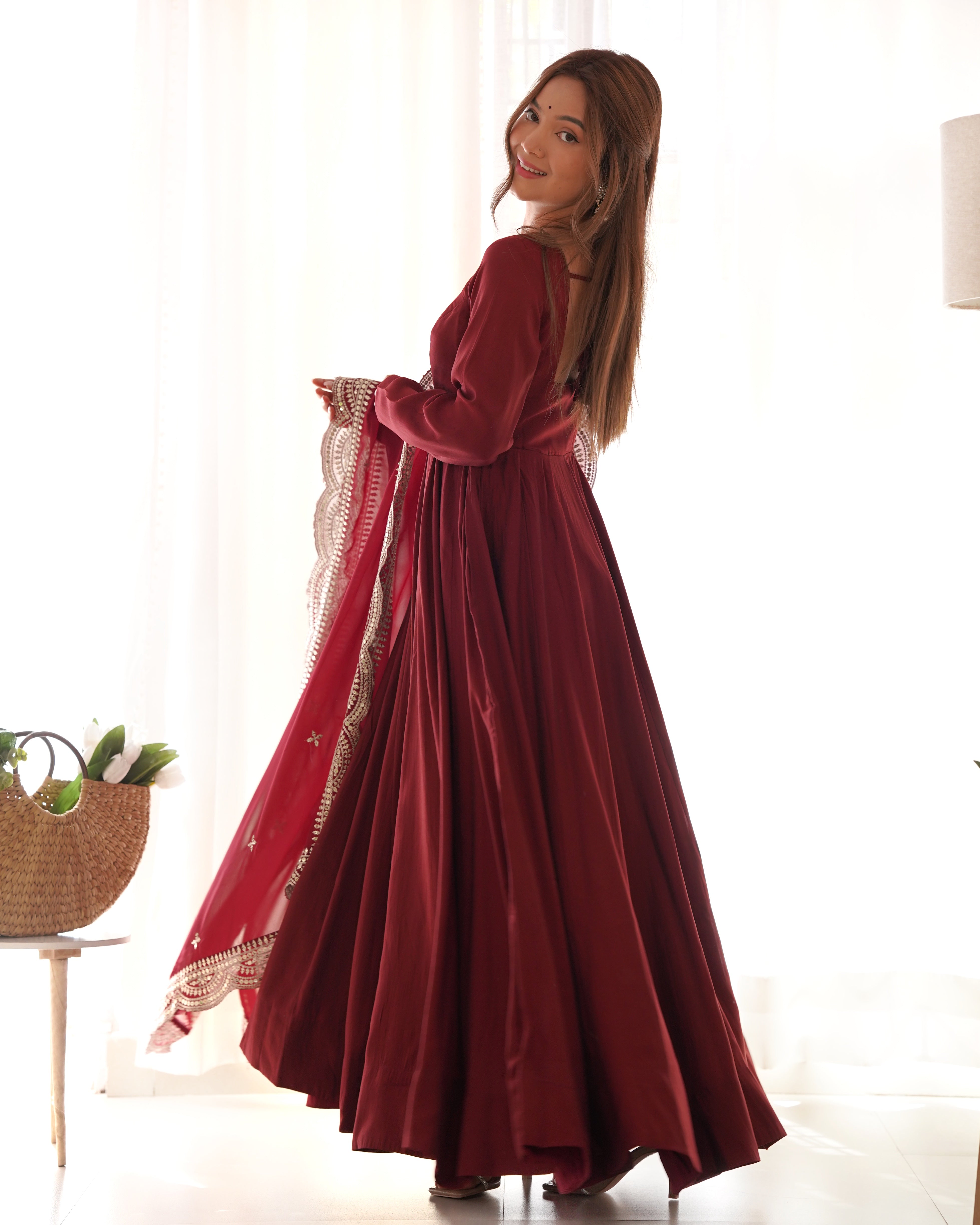 Lorenvalley Fashion Maroon Pure Roman Silk Chanderi Fabric Fully Flared Anarkali Pant With Dupatta Set - Maroon - Distacart