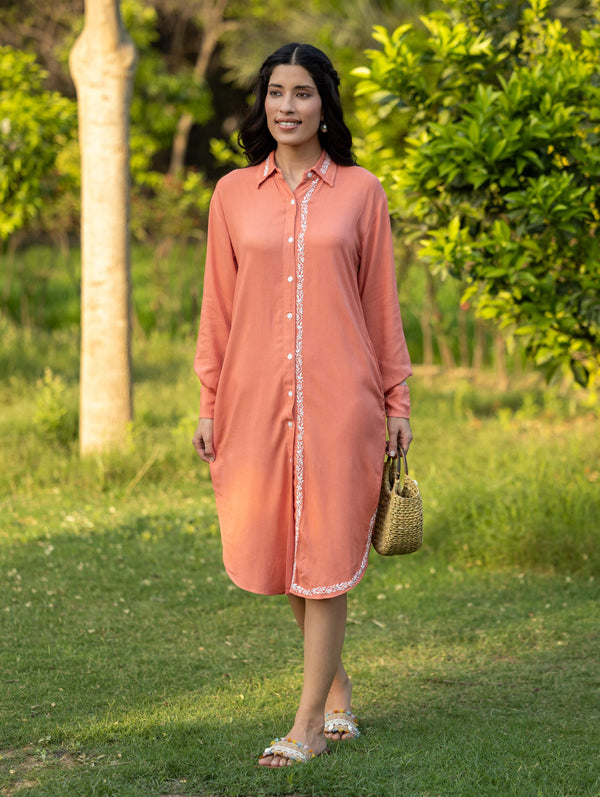 Gharana India Luxury Rayon Blush Red Chikankari Long Shirt