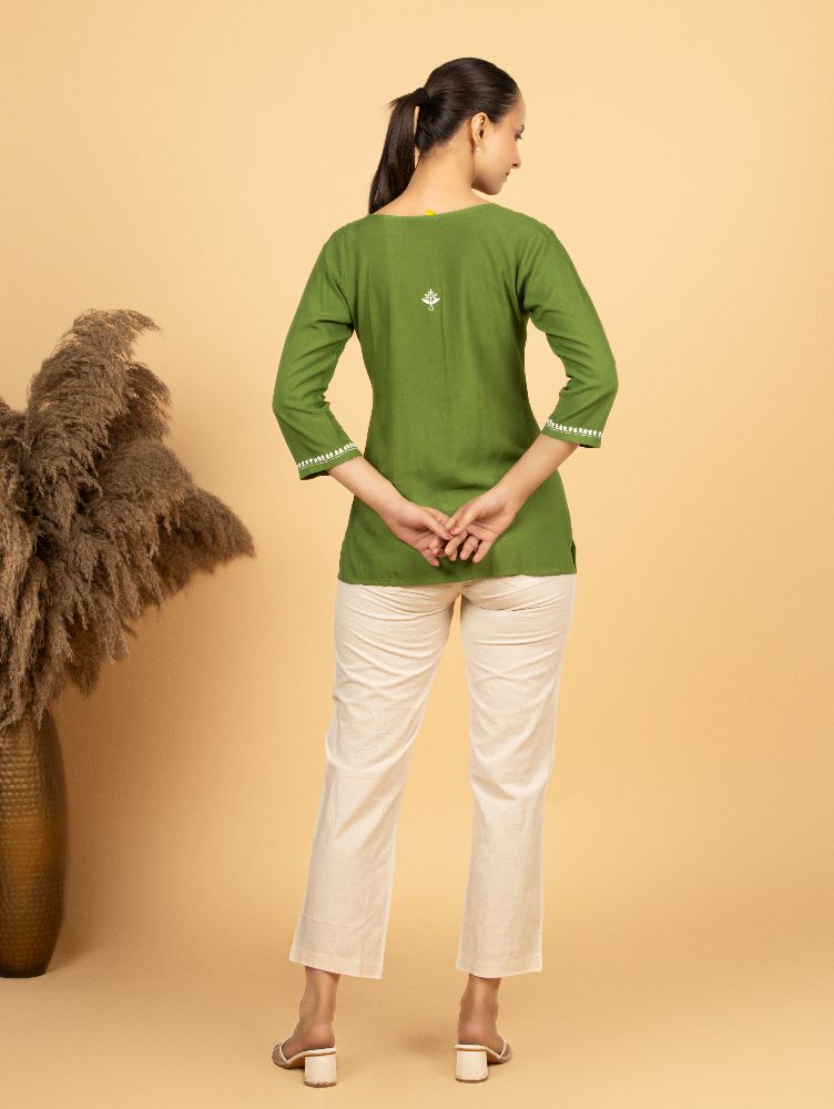 Gharana India Luxury Rayon Green Chikankari Top