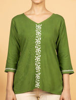 Thumbnail for Gharana India Luxury Rayon Green Chikankari Top