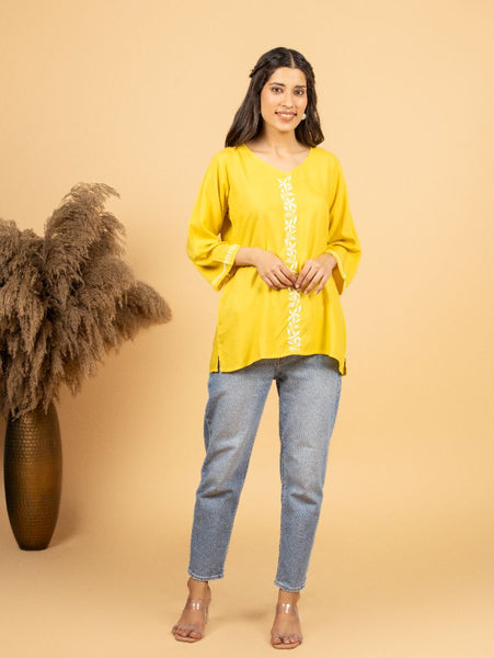 Gharana India Luxury Rayon Yellow Chikankari Top