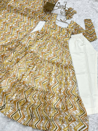 Thumbnail for Lorenvalley Fashion Yellow Pure Faux Georgette Zigzag Print Fully Flair Anarkali Pant With Dupatta - Yellow