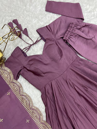 Thumbnail for Lorenvalley Fashion Mauve Pure Roman Silk Chanderi Fabric Fully Flared Anarkali Pant With Dupatta Set - Mauve