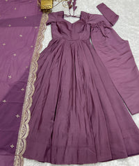 Thumbnail for Lorenvalley Fashion Mauve Pure Roman Silk Chanderi Fabric Fully Flared Anarkali Pant With Dupatta Set - Mauve
