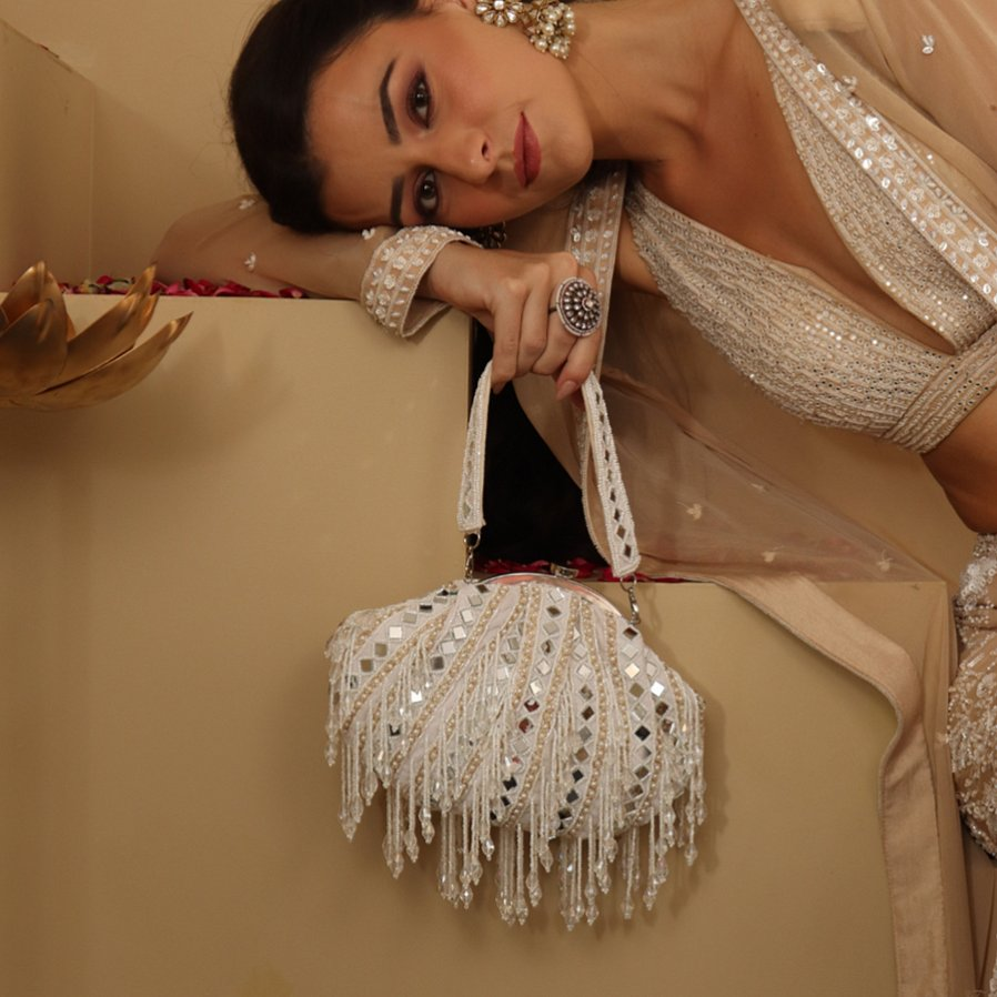 New Stylish Partywear White Mirror Work Potli Bag for Womens by House of Ree - Distacart