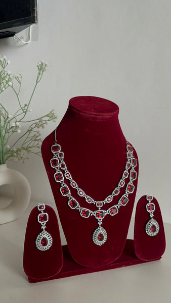Red American Diamond Two Layer Elegent Necklace Set With Earrings By House of Ree