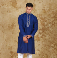 Thumbnail for Bluesaanchi Men's Sunshine Handwoven Embroidered Dark BlueKurta Set