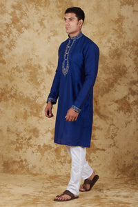 Thumbnail for Bluesaanchi Men's Sunshine Handwoven Embroidered Dark BlueKurta Set