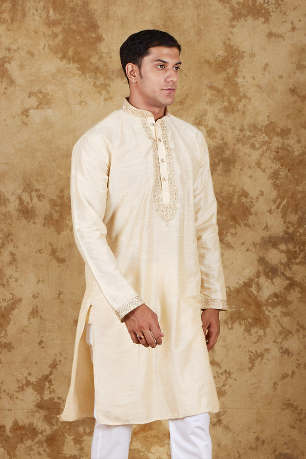 Bluesaanchi Men's Sunshine Handwoven Embroidered Cosmic LatteKurta Set - Distacart