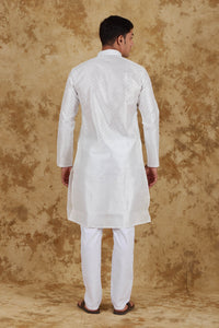 Thumbnail for Bluesaanchi Men's White Banarasi Silk Kurta Set