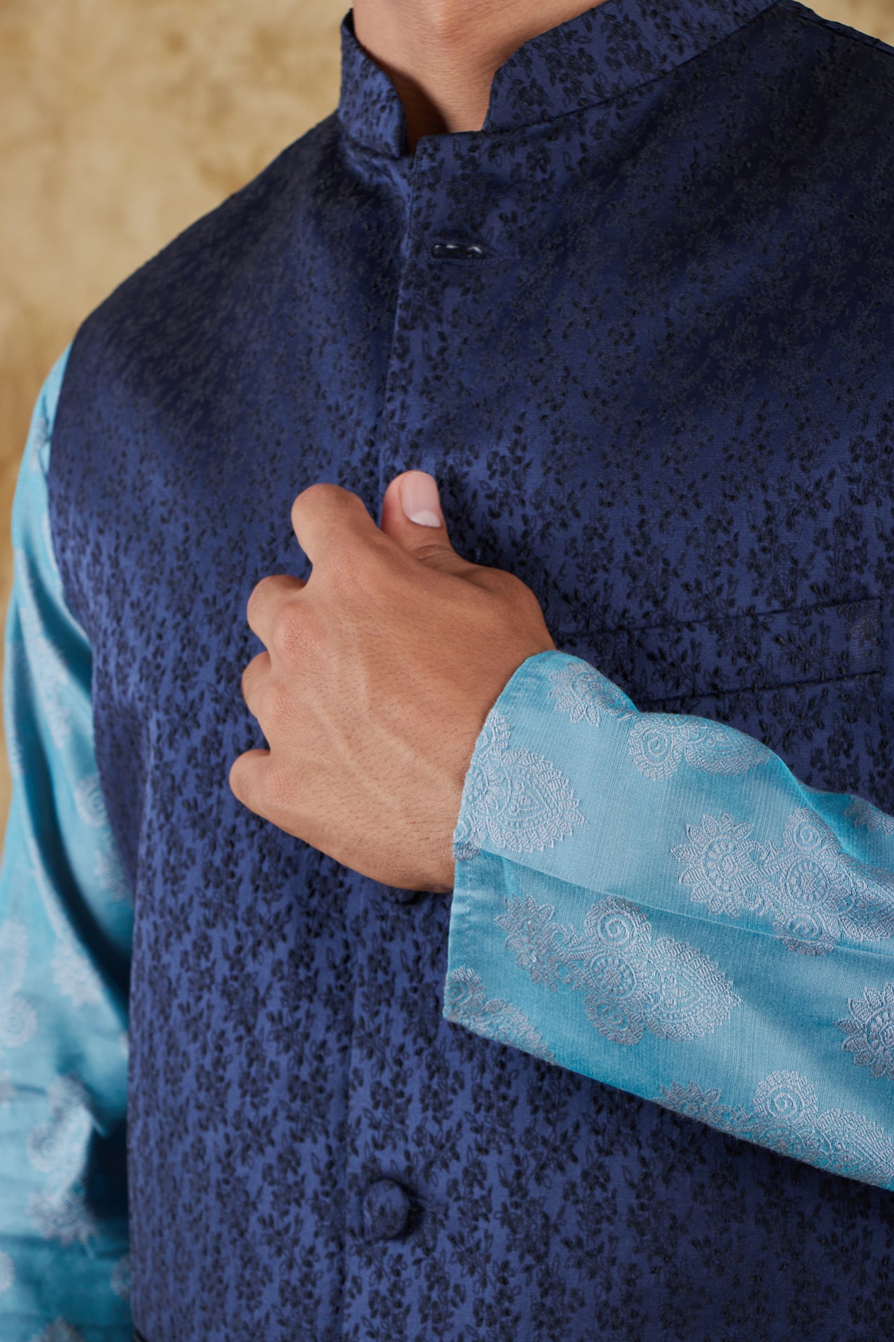 Bluesaanchi Men's Jacquard Blue Waistcoat Kurta Pajama Set