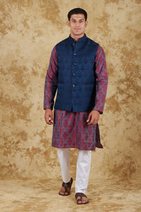 Thumbnail for Bluesaanchi Men's Jacquard Rose Red With White Waistcoat Kurta Pajama Set