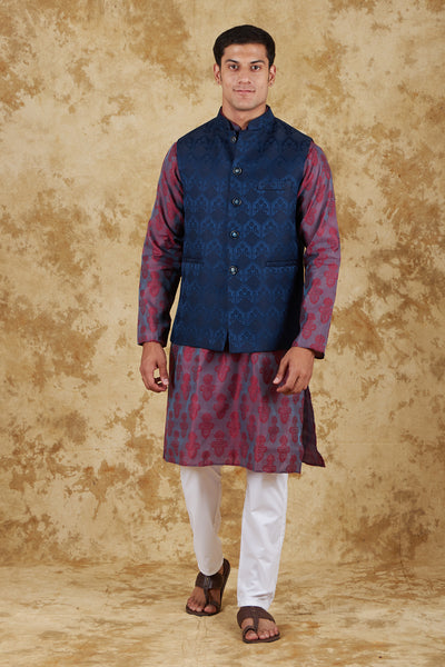 Bluesaanchi Men's Jacquard Rose Red With White Waistcoat Kurta Pajama Set