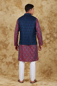 Thumbnail for Bluesaanchi Men's Jacquard Rose Red With White Waistcoat Kurta Pajama Set