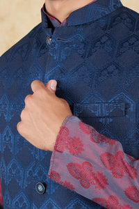 Thumbnail for Bluesaanchi Men's Jacquard Rose Red With White Waistcoat Kurta Pajama Set