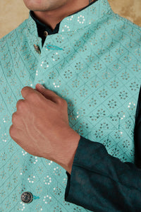 Thumbnail for Bluesaanchi Men's Jacquard Mint Green Waistcoat Kurta Pajama Set