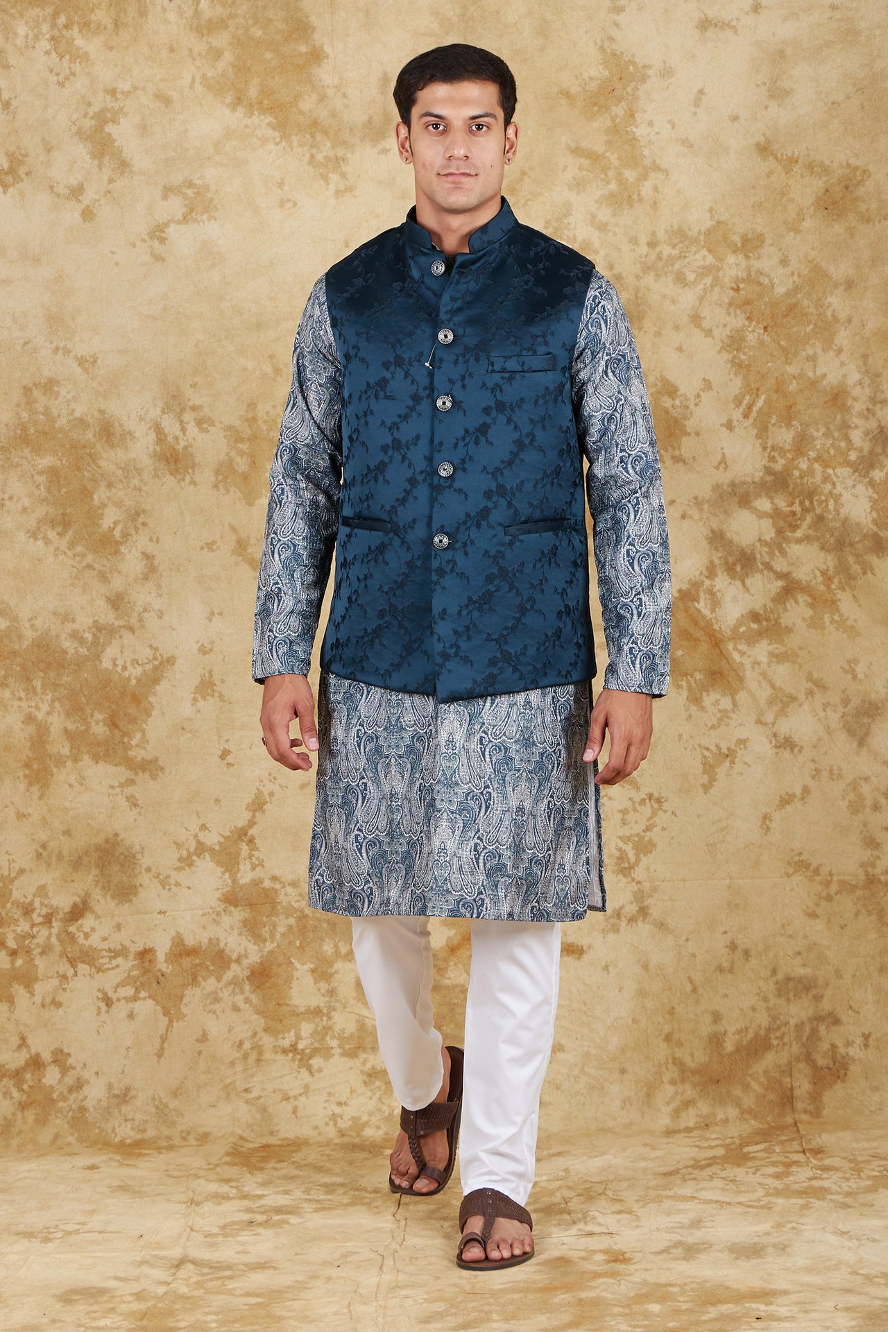Bluesaanchi Men's Jacquard Indigo Dye Waistcoat Kurta Pajama Set