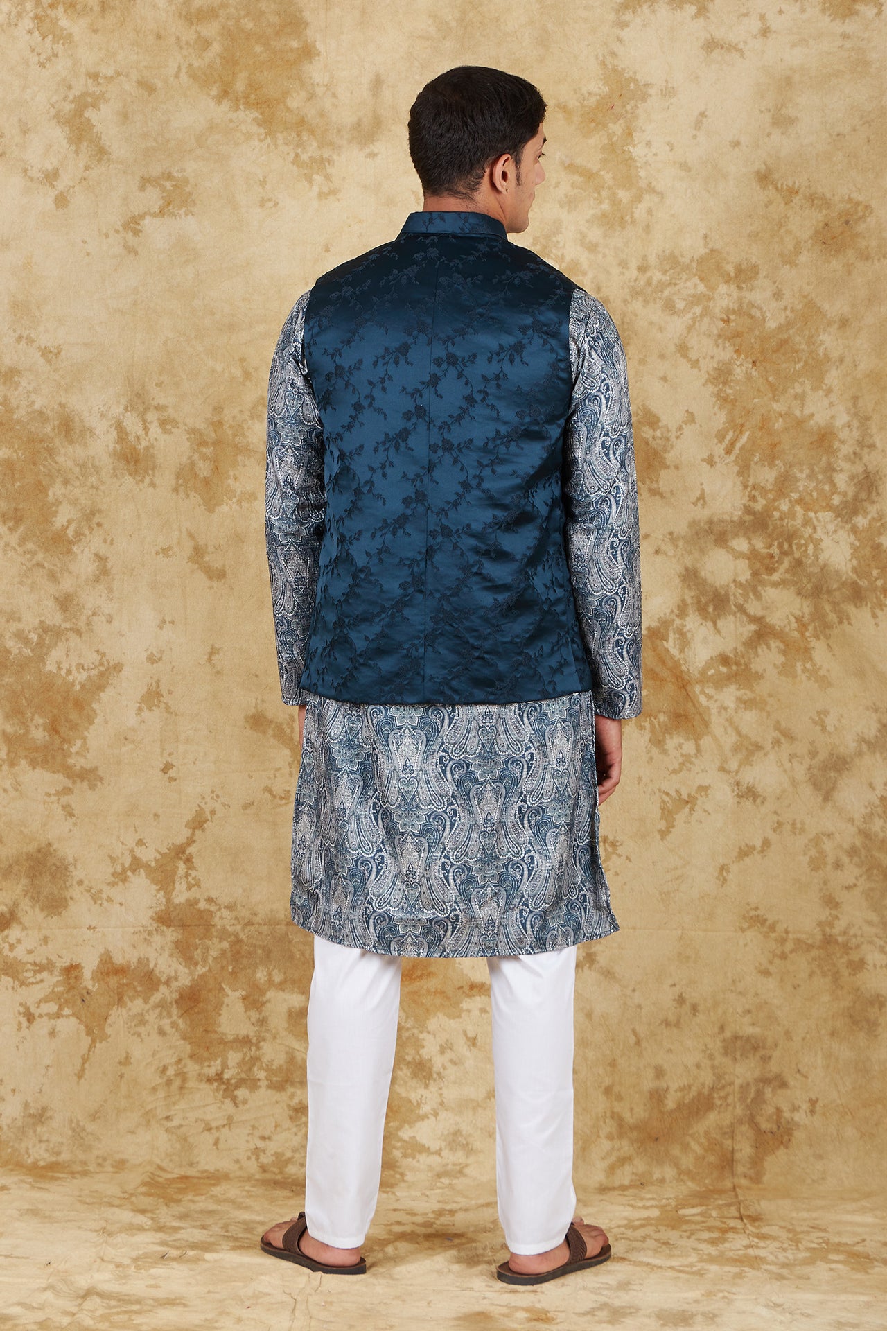Bluesaanchi Men's Jacquard Indigo Dye Waistcoat Kurta Pajama Set