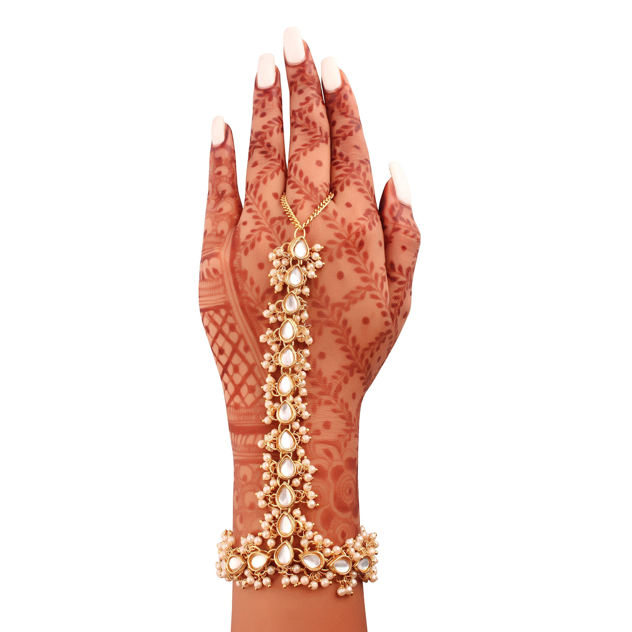 Traditional Gold Plated Embellish With Kundan & Pearl Adjustable Haath Phool/Panja Bracelet for Women - Wahe Jewels