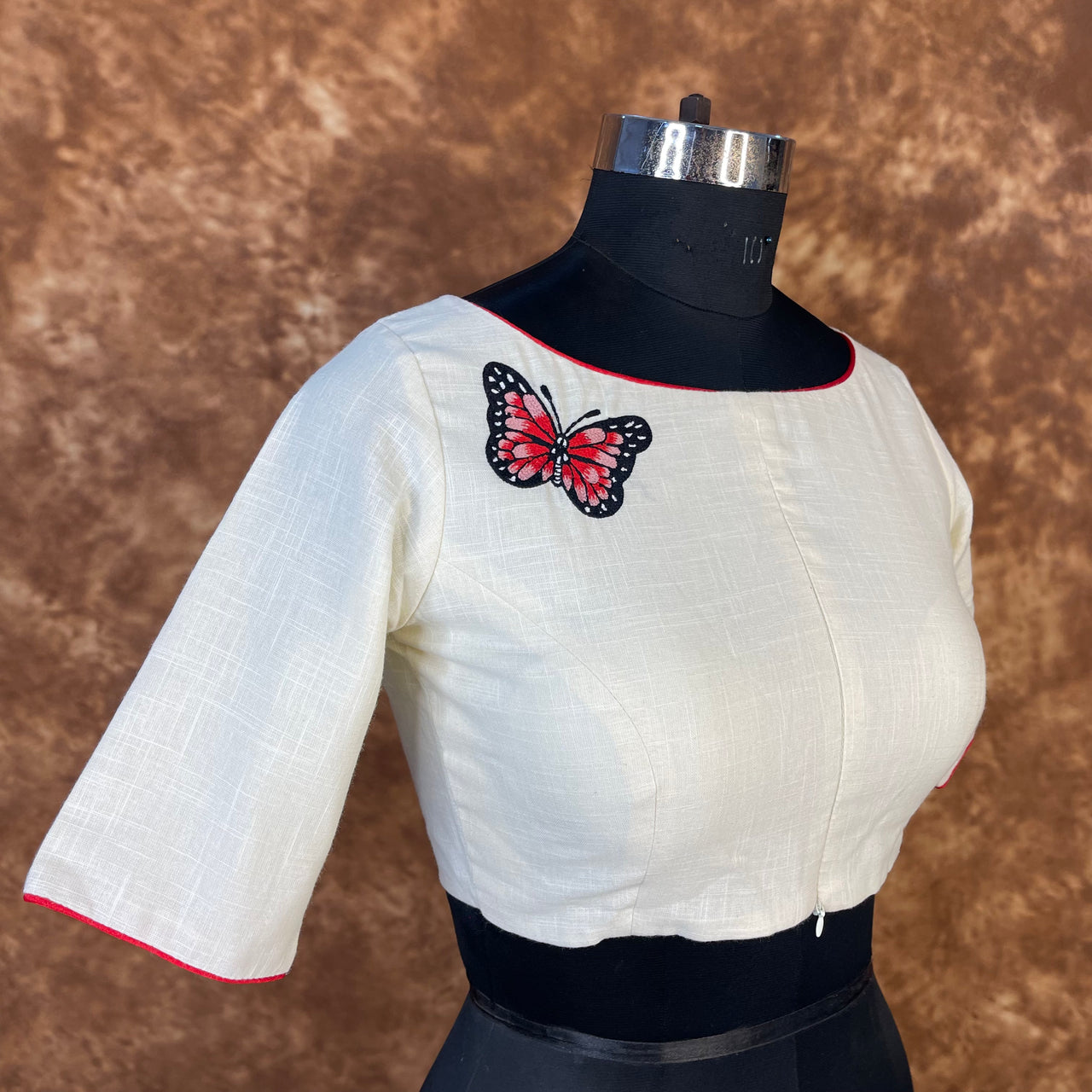 Butterfly Nector Off White Coloured Slub Cotton Ready to Wear Blouse - kapda Tailor - Distacart