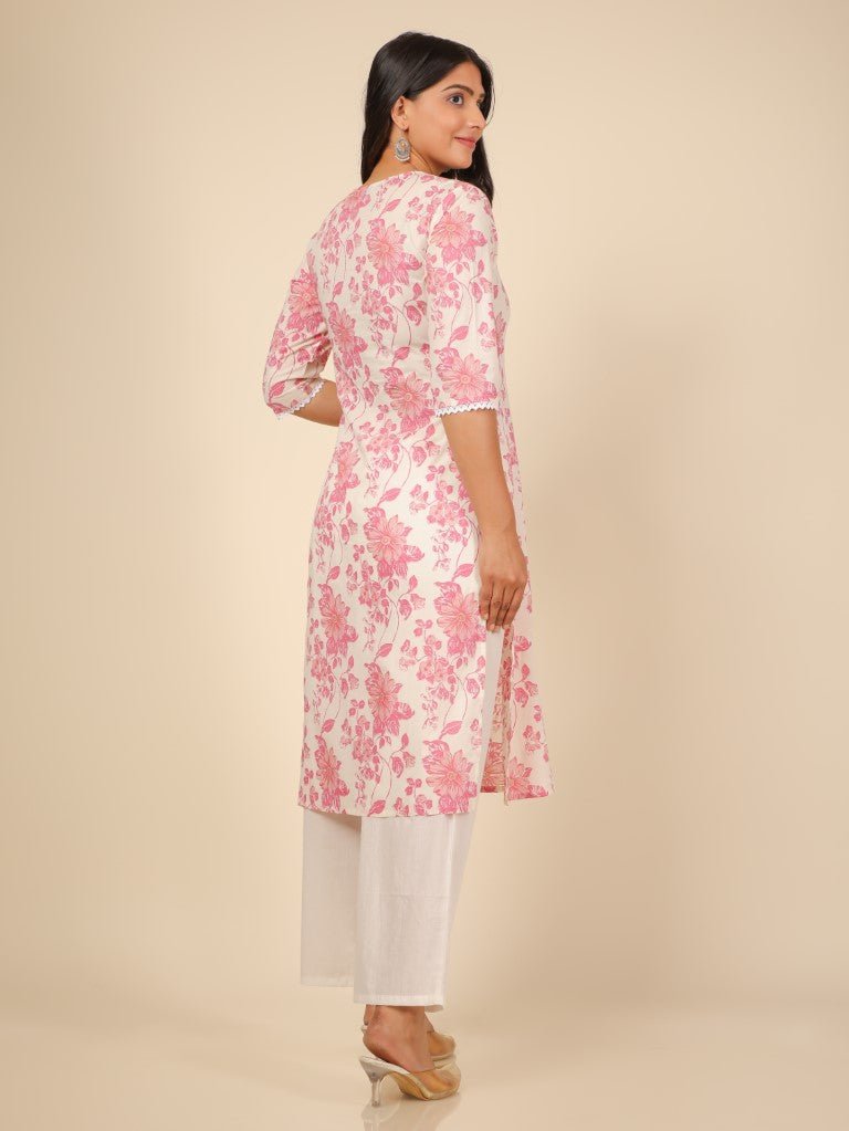 Aramya Straight Soft Cotton Floral Print Women's Kurta - White - Distacart