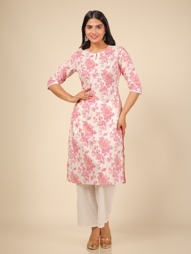 Aramya Straight Soft Cotton Floral Print Women's Kurta - White - Distacart