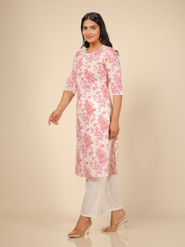 Aramya Straight Soft Cotton Floral Print Women's Kurta - White - Distacart