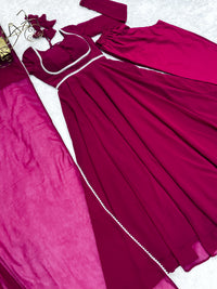 Thumbnail for Lorenvalley Fashion Pink Georgette Anarkali Gown Dupatta Set With Pant Ready to Wear - Pink