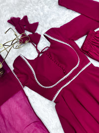 Thumbnail for Lorenvalley Fashion Pink Georgette Anarkali Gown Dupatta Set With Pant Ready to Wear - Pink