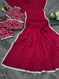 Thumbnail for Lorenvalley Fashion Premium Magenta Georgette Satin Saree with Stitched Embroidery Blouse