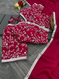 Thumbnail for Lorenvalley Fashion Premium Magenta Georgette Satin Saree with Stitched Embroidery Blouse