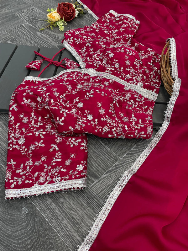 Lorenvalley Fashion Premium Magenta Georgette Satin Saree with Stitched Embroidery Blouse - Distacart