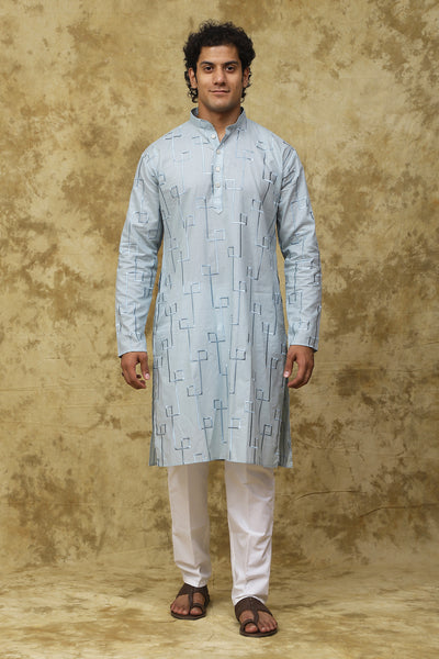 Bluesaanchi Men's Cotton Zari Embroidered Kurta Set - Sky Blue - Distacart