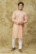 Thumbnail for Bluesaanchi Men's Cotton Zari Embroidered Kurta Set - Peach Cream - Distacart