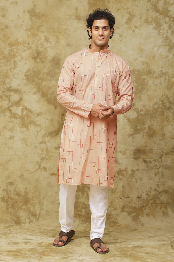 Bluesaanchi Men's Cotton Zari Embroidered Kurta Set - Peach Cream - Distacart