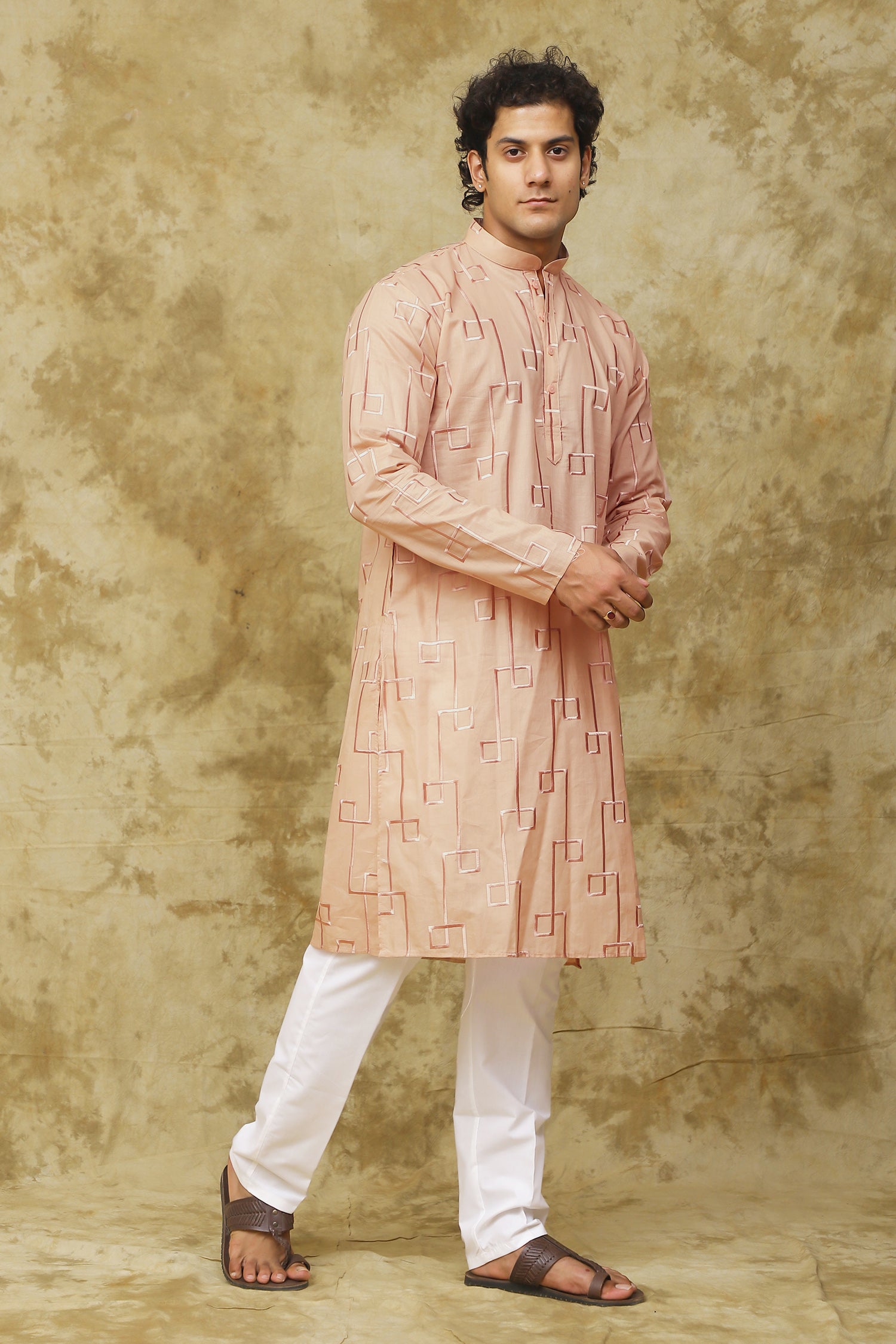 Bluesaanchi Men's Cotton Zari Embroidered Kurta Set - Peach Cream - Distacart