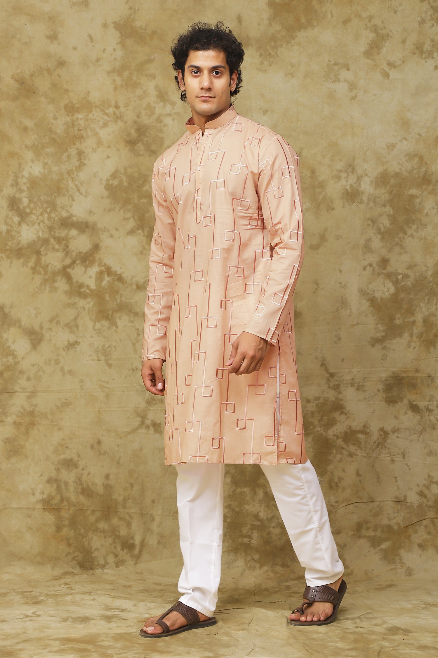 Bluesaanchi Men's Cotton Zari Embroidered Kurta Set - Peach Cream - Distacart