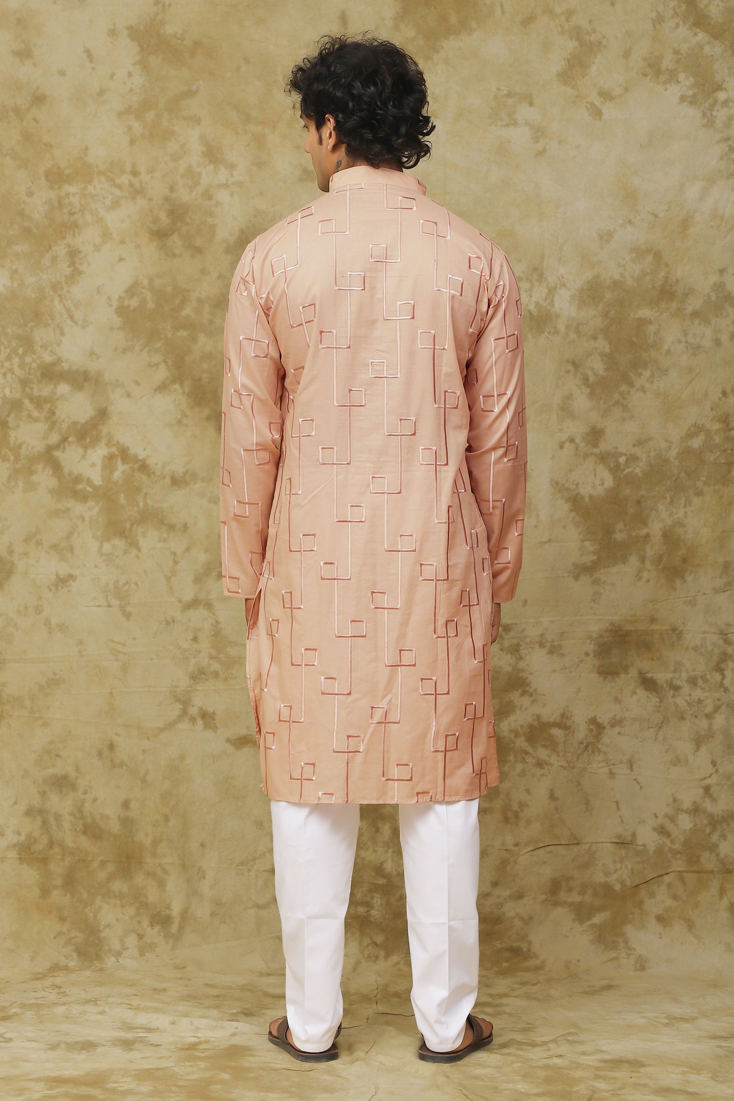 Bluesaanchi Men's Cotton Zari Embroidered Kurta Set - Peach Cream - Distacart