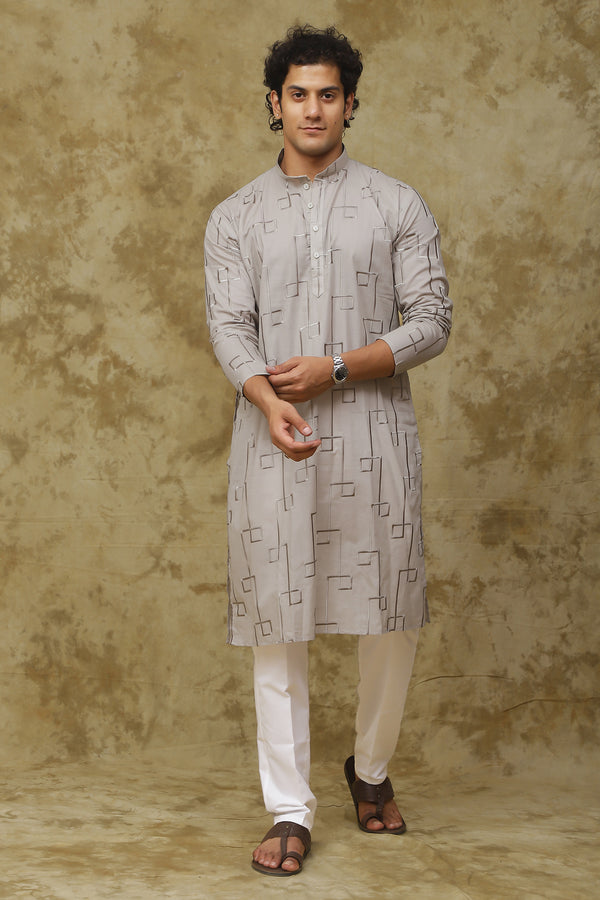Bluesaanchi Men's Cotton Zari Embroidered Kurta Set - Grey - Distacart
