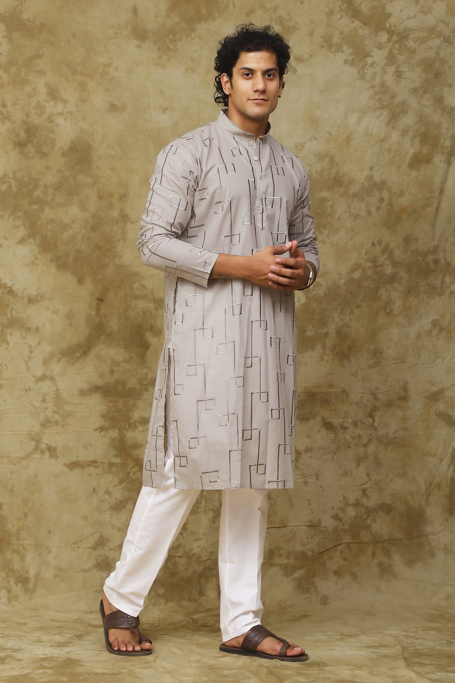 Bluesaanchi Men's Cotton Zari Embroidered Kurta Set - Grey - Distacart