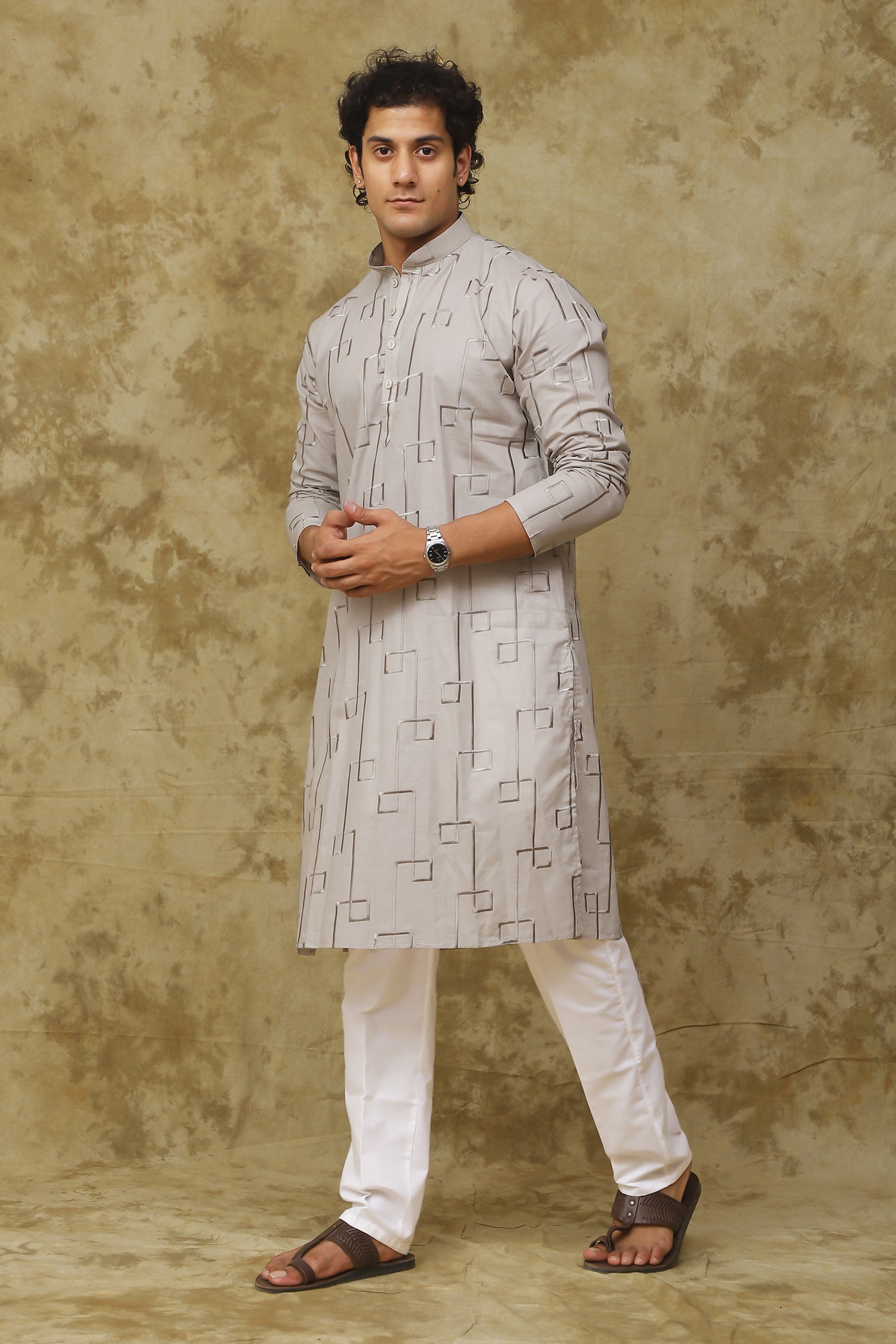 Bluesaanchi Men's Cotton Zari Embroidered Kurta Set - Grey - Distacart