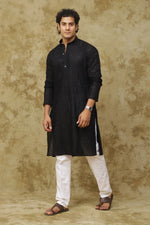 Thumbnail for Bluesaanchi Men's Cotton Zari Embroidered Kurta Set - Black - Distacart