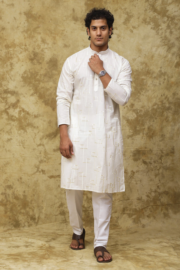 Bluesaanchi Men's Cotton Zari Embroidered Kurta Set - White - Distacart