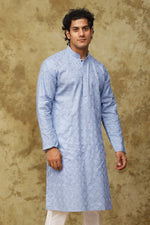 Thumbnail for Bluesaanchi Men's Linen Threadwork Kurta Set - Blue - Distacart