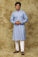 Thumbnail for Bluesaanchi Men's Linen Threadwork Kurta Set - Blue - Distacart