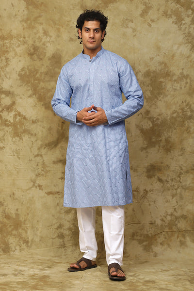 Bluesaanchi Men's Linen Threadwork Kurta Set - Blue - Distacart