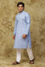 Thumbnail for Bluesaanchi Men's Linen Threadwork Kurta Set - Blue - Distacart