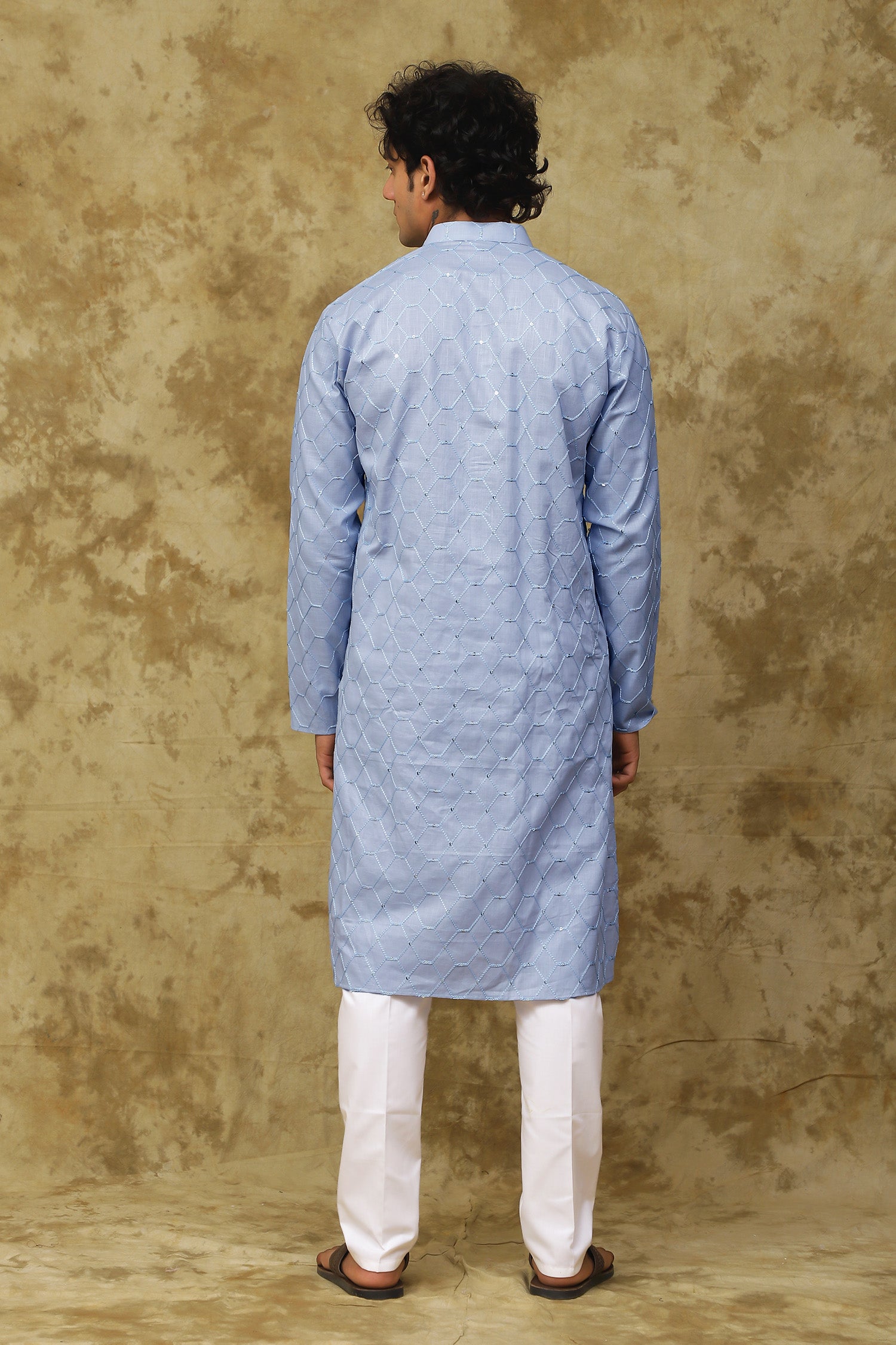Bluesaanchi Men's Linen Threadwork Kurta Set - Blue - Distacart